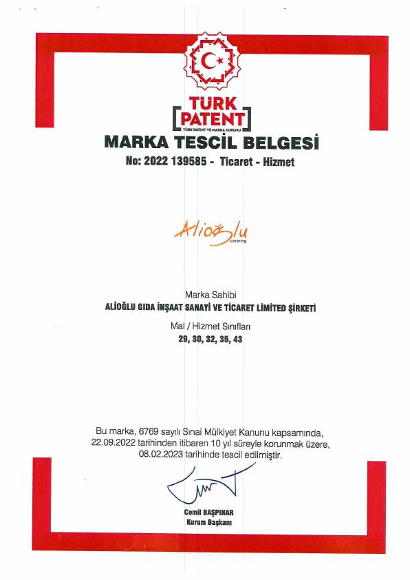 Alioğlu Marka Tescil Belgesi